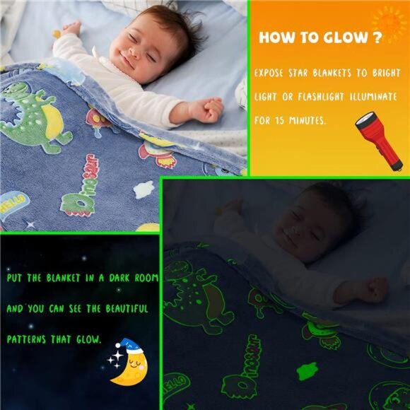 Glow in The Dark Blanket Dinosaur Gifts for Boys for Kids Dinosaur Toys for Kids - Picture 3 of 7